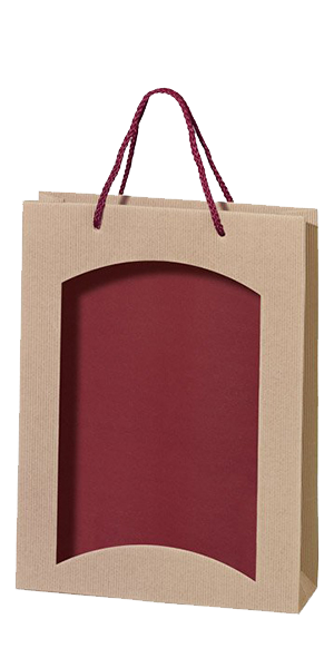 3er Papiertüte natur/bordeaux mit Sichtfenster TU 3650